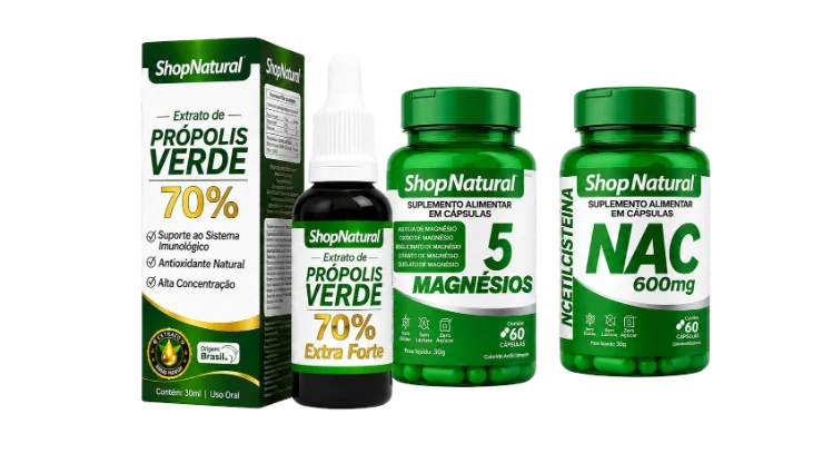 Combo de Inverno +IMUNIDADE da ShopNatural: Própolis Verde 70%, 5 Magnésios e NAC 600mg